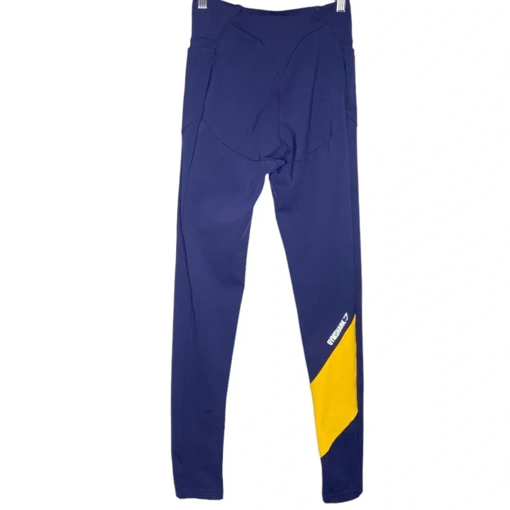 Gymshark Navy Blue Yellow High Rise Asymmetrical Crossover Leggings Size Small